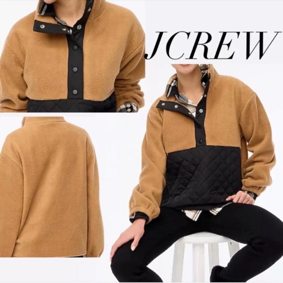 J. Crew Sweaters - J Crew Women's Tan Black Quilted Sherpa Teddy Half Zip Pullover Sweater Sz L